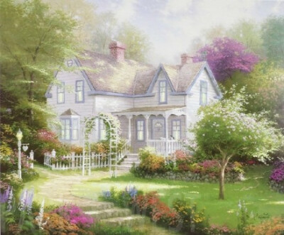 来自美国画家Thomas Kinkade（1958-2012）的作品，他的绘画作品以鲜活的颜色和柔和的光线著称，画作充满光影的魅丽变化，因而被称之为the Painter of Light。