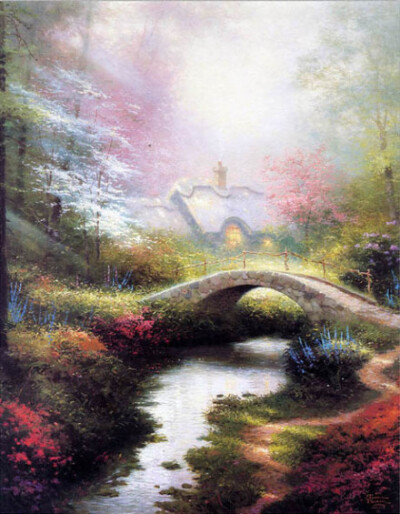 来自美国画家Thomas Kinkade（1958-2012）的作品，他的绘画作品以鲜活的颜色和柔和的光线著称，画作充满光影的魅丽变化，因而被称之为the Painter of Light。