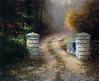 来自美国画家Thomas Kinkade（1958-2012）的作品，他的绘画作品以鲜活的颜色和柔和的光线著称，画作充满光影的魅丽变化，因而被称之为the Painter of Light。