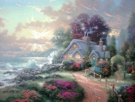 来自美国画家Thomas Kinkade（1958-2012）的作品，他的绘画作品以鲜活的颜色和柔和的光线著称，画作充满光影的魅丽变化，因而被称之为the Painter of Light。