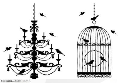 欧式花纹小鸟鸟笼剪影装饰图案