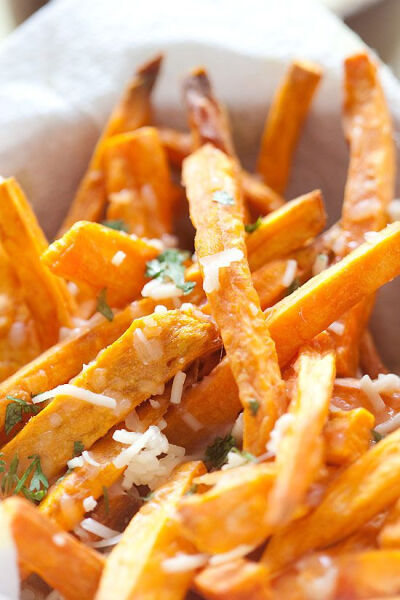 Sweet potato fries with parmesan cheese. This sweet and cheesy sweet potato fries is the perfect side dish for any occasions and so easy to make | http://rasamalaysia.com