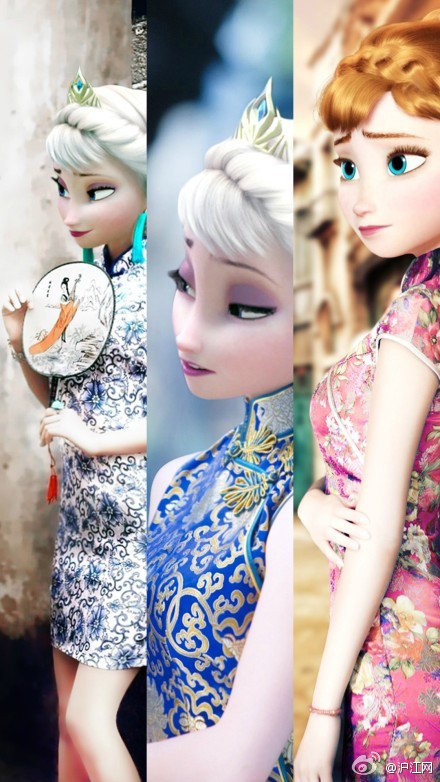 #午间一萌# 《Frozen》里的Elsa和Anna, 穿上中国旗袍，我的天！美诶~ Wow！！！