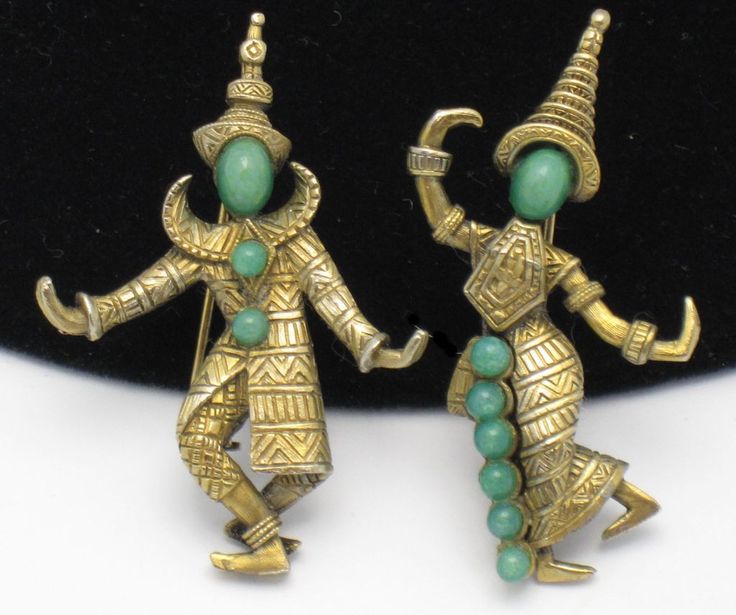 Signed MARVELLA Vintage Figural Siamese Asian Man Woman Dancer Pins | They both have simulated jade cabochon faces. The male dancer has 2 simulated jade cabs on his garb while the female has 6 cabochons set down the front of her dress.