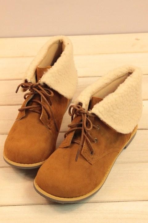 秋冬上市热卖日系森女甜美羊羔毛系带马丁靴低跟短靴女靴