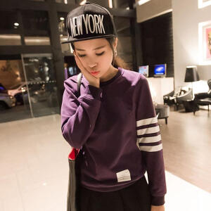 西草儿韩版港味纯色圆领长袖打底运动卫衣手臂条纹拼接女秋冬