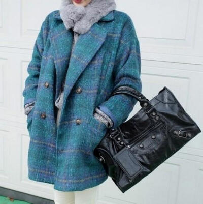 韩国复古格子羊毛呢外套14秋冬装韩版宽松格纹中长款呢子西装大衣