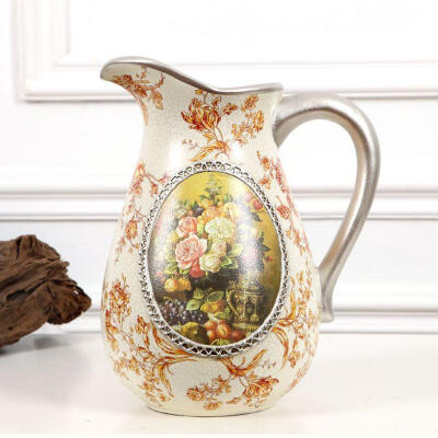 欧式乡村 复古地中海花瓶 手绘花卉陶艺花瓶摆件 美式花瓶插花器