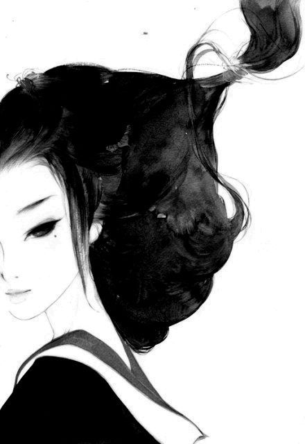 painting: geisha in black and white