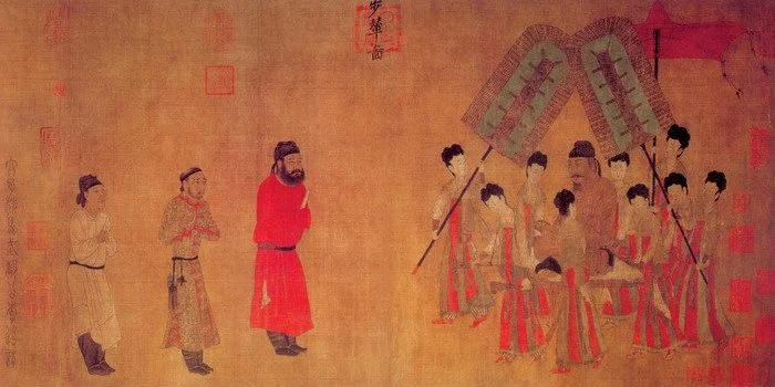 步辇图》是以贞观十五年（641年）吐蕃首领松赞干布与文成公主联姻的 