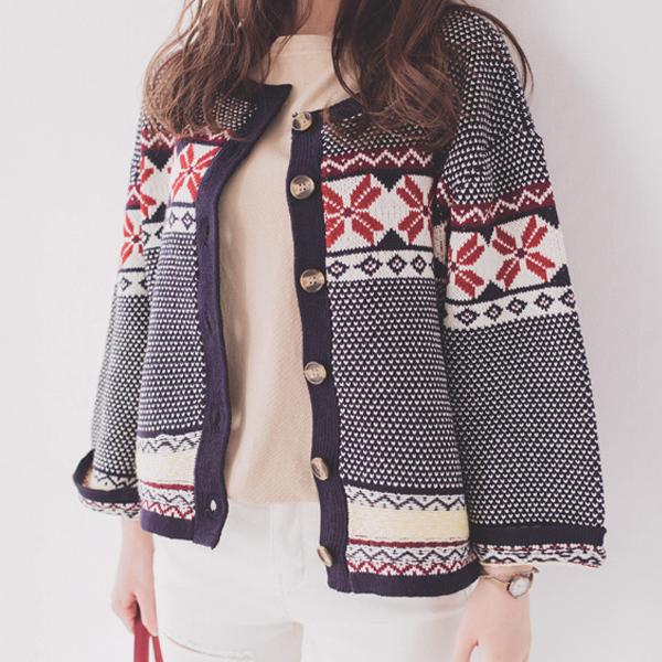 秋冬韩版薄毛衣开衫女撞色七分喇叭袖短款外套宽松圆领冬