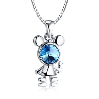 2014YOKOS925纯银米奇老鼠项链女士蓝色宝石水钻锆石玻璃吊坠银饰