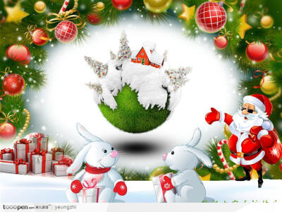 圣诞节贺新年-圣诞节彩球装饰边框和圣诞老人兔子礼品盒