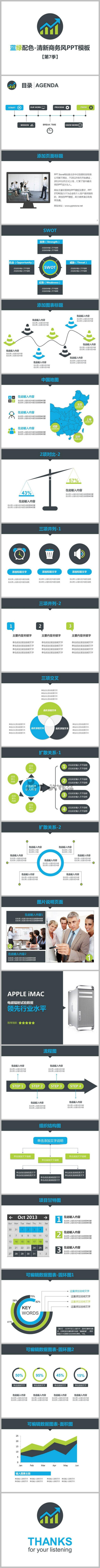 蓝绿配色-清新简洁商务风PPT模板-第七季