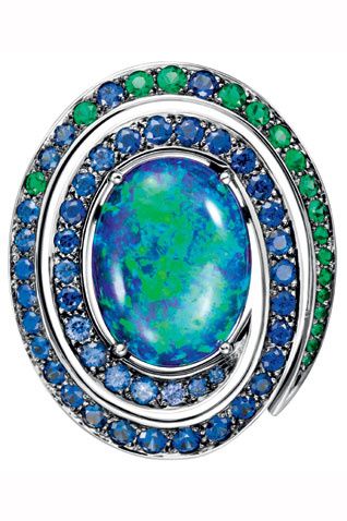 Boucheron brooch of opal, sapphire and emerald.