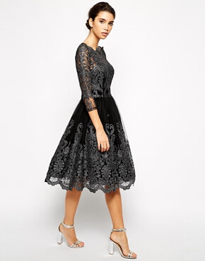 Image 1 of?Chi Chi London Premium Metallic Lace Midi Prom Dress with Bardot Neck