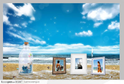 创意PSD—玻璃瓶漂流瓶相框相册海滩沙滩星光蓝天白云