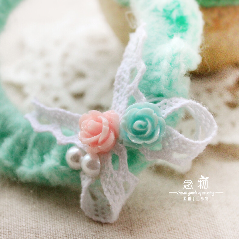 原创手工薄荷绿宝宝毛线钩花树脂玫瑰清新森女发圈发饰满50包邮