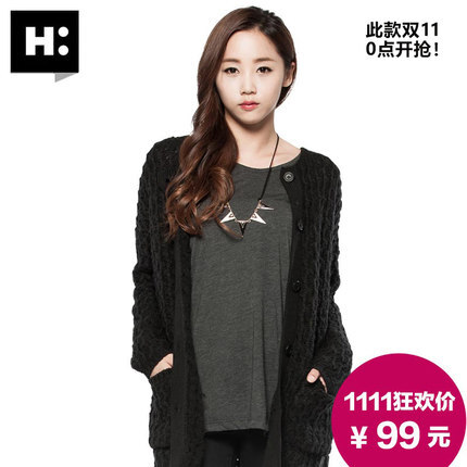 【双11】双11价：99元 H:CONNECT韩版 女装时尚长款粗针镂空针织开衫毛衣外套 新款秋