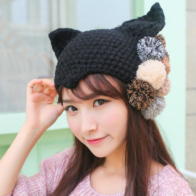 帽子女冬天可爱潮球球毛线帽女保暖秋冬季韩国时尚猫耳朵护耳帽子