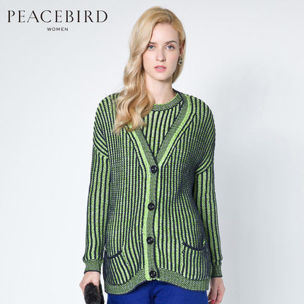【天猫预售】太平鸟女装2014冬装新款外套竖条纹宽松款针织开衫