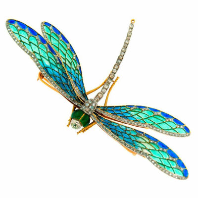 Art Nouveau Diamond, Enamel, Gold &amp;amp; Silver Dragonfly Brooch