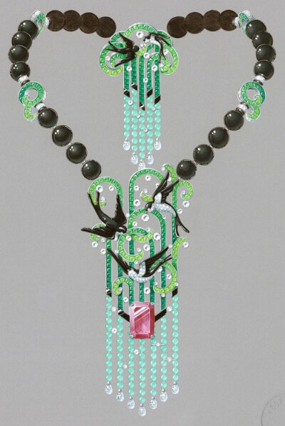 Van Cleef &amp;amp; Arpels bird necklace in greens and pink