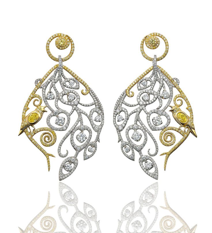 Nightingale White Peacock Earrings. Yellow and white diamonds in platinum and yellow gold