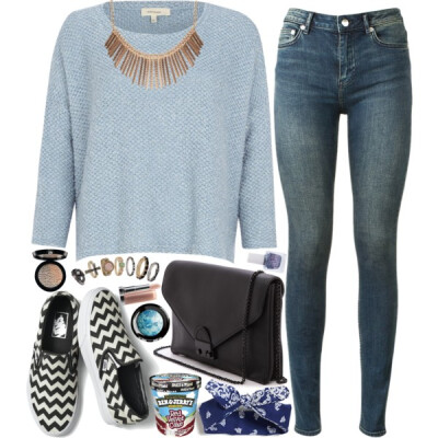 A fashion look from September 2014 featuring light blue jumper, BLK DNM and black white sneakers. Browse and shop related looks.