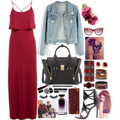 A fashion look from August 2014 featuring maxi dress, denim jacket and black sandals. Browse and shop related looks.