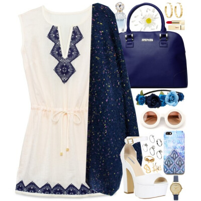 A fashion look from July 2014 featuring bohemian dress, blue cardigan and high heel shoes. Browse and shop related looks.