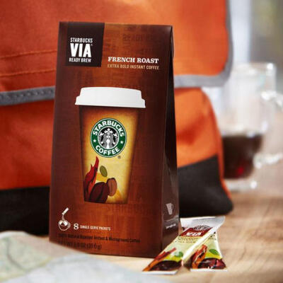 美国进口 星巴克速溶Starbucks VIA 法式烘焙 无糖咖啡 8条一盒
