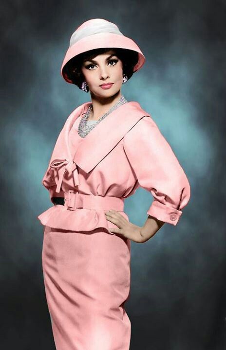 Gina, 1960s pink dress suit belt hat skirt jacket color photo print ad model magazine movie star