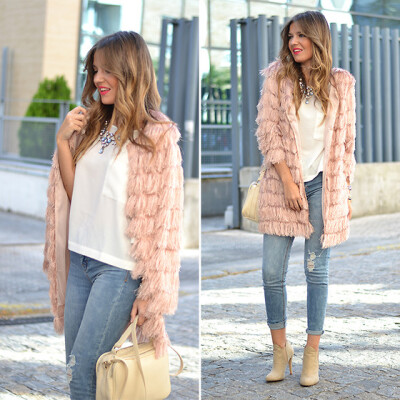 Helena Cueva - Fashion Pills Coat, Stradivarius Top, Pull &amp;amp; Bear Jeans, Zara Booties, Stradivarius Handbag, Zara Necklace - Pink Little Threads