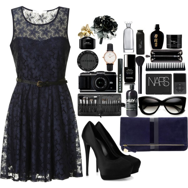 A fashion look from November 2014 featuring navy lace cocktail dress, giuseppe zanotti pumps and fold over handbag. Browse and shop related looks.