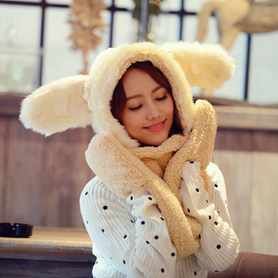 2014新款围巾冬天帽冬季女韩版加厚女帽子围巾手套一体可爱兔耳朵