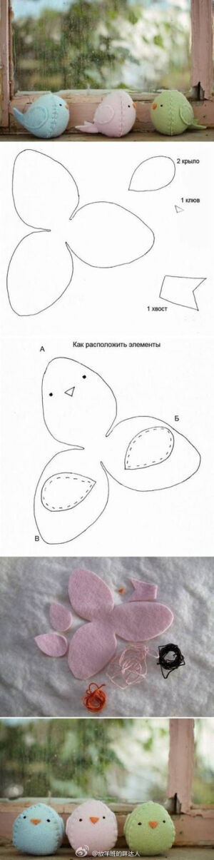 第一次看见这种三叶草式的布偶小鸟的图纸，让我有点意外。这个版型的小鸟，圆滚滚的，憨趣可爱，加上翅膀和尾巴以后，就能看清小鸟的造型了。感兴趣的可以试试哦，版型简单意味着制作也简单，做一堆这样的小鸟摆在一起，应该非常赏心悦目！
