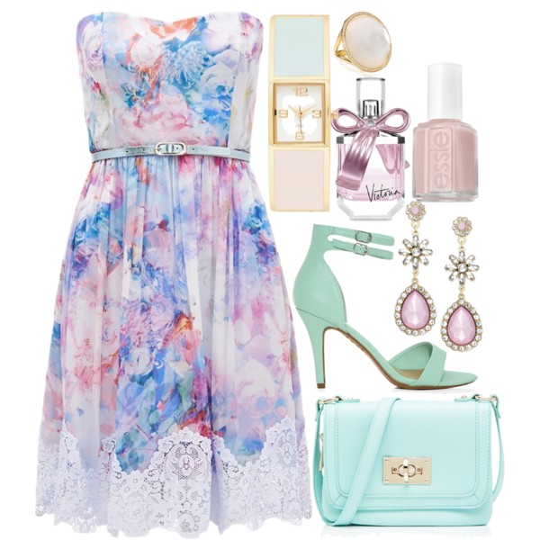 A fashion look from March 2014 featuring short strapless cocktail dresses, open toe pumps and locking bag. Browse and shop related looks.