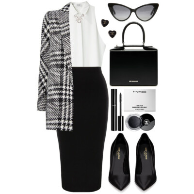 A fashion look from December 2013 featuring silk shirt, mango coat and long black skirt. Browse and shop related looks.