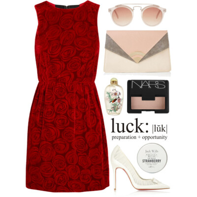 A fashion look from July 2013 featuring red dress, high heel pumps and gray purse. Browse and shop related looks.