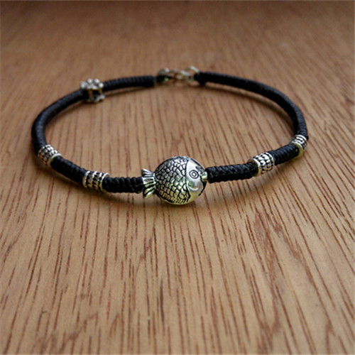 进口蚕丝蜡线金刚结925纯银小鱼手绳手链