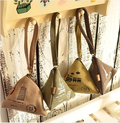 韩国zakka韩版粽子零钱包复古水洗帆布三角造型手包硬币包钥匙包