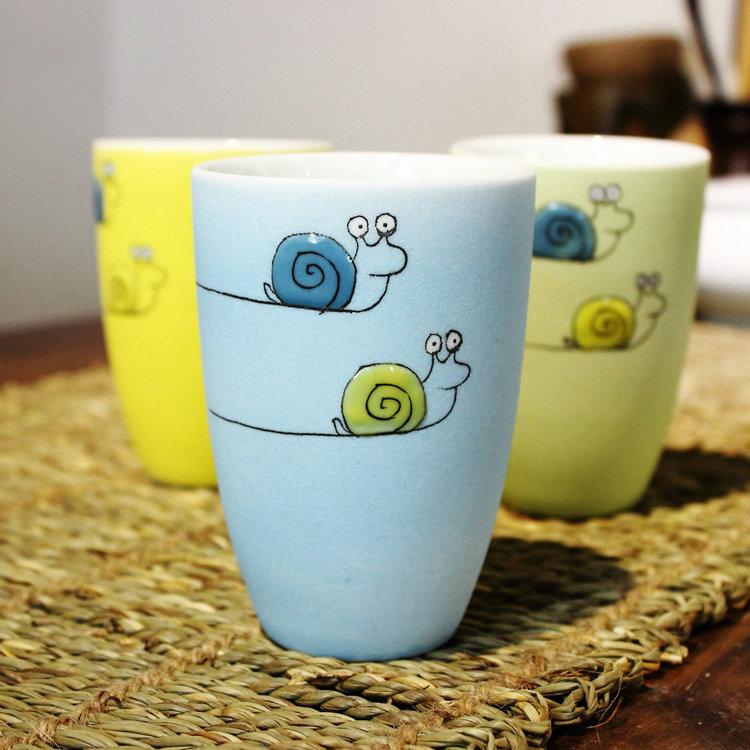 创意卡通陶瓷杯子手绘蜗牛水杯情侣杯马克杯蓝绿可爱礼物定制女生
