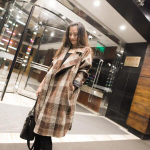 格子长款羊绒外套咖啡色 西草儿欧美潮宽松大大风衣披风长款风衣