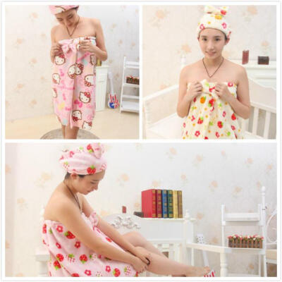 新草莓kitty双面法兰绒新升级开叉胸浴裙浴衣浴袍束发包头套装