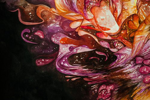  《藏心》实验创作，继《半身海水，半身火焰》之后，开始关注潜意识与意识之前的某种联系，个人偏爱心理学，也致力于将心理与艺术结合而创作绘画作品，《藏心》的创作历时两个月，将工作时间延长，每一次只绘制一个局部，为的是切断与上一次绘画时的构思，有局部大整体。而绘制期间，我尽力放松心态，将自己处于一种类似冥思的状态，消除意识对画面的控制，虽达不到潜意识完全的表达情感，但作为实验艺术，已达到超出预期的效果。 这幅画为女友而画，画中有鲜亮艳丽之笔，也有纠结扰心之处，整体形成类似心型的构图，这是早有的心理暗示，也有主意识的精心修剪，希望《藏心》是通往心理与艺术之间的开篇之作。