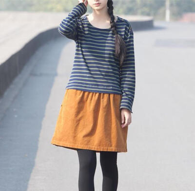 衣公馆 森林系文艺复古 灯芯绒条纹拼接 圆领文艺气质连衣裙