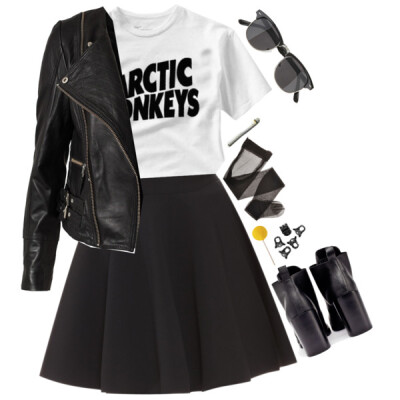 A fashion look from November 2014 featuring monkey t shirt, black jacket and skater skirt. Browse and shop related looks.