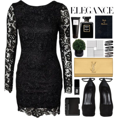 A fashion look from November 2014 featuring black bodycon dress, leather pumps and gold metallic handbag. Browse and shop related looks.