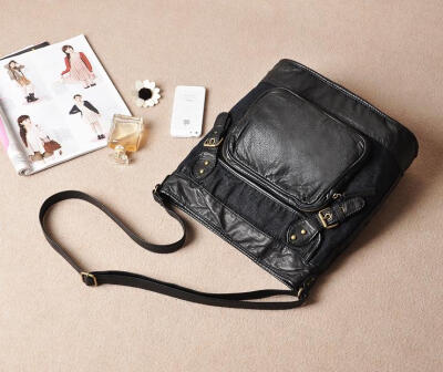 水洗皮黑色PU配帆布大包森女包特立独行的姑娘500